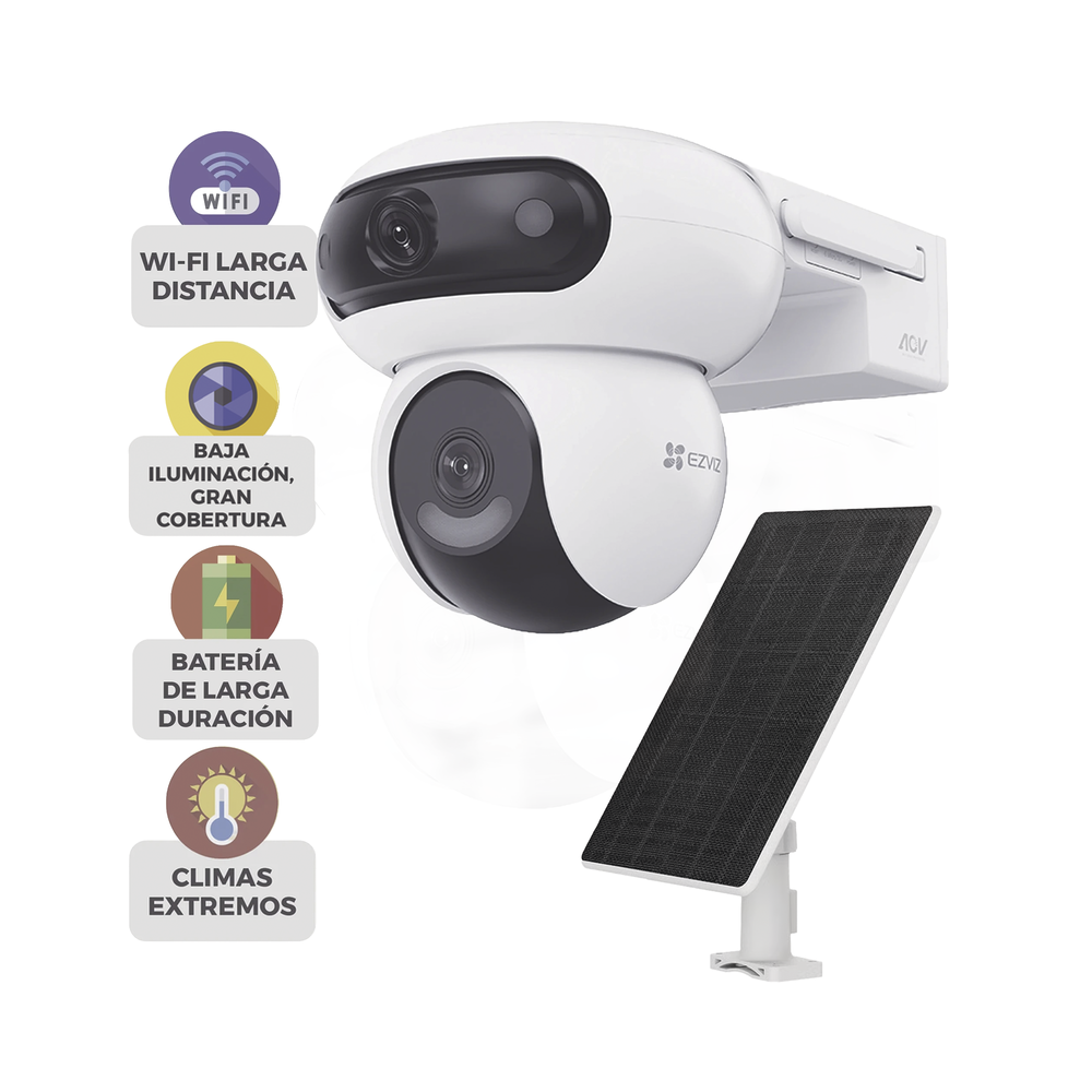 Kit Incluye Cámara Wi-Fi 6 + 4G LTE con Panel Solar / Doble Lente (4MP+4MP) / Visión Nocturna ColorFULL / Batería 10,400 mAh / / IP65 Exterior / IA Detección Humana y Vehicular / Audio Bidireccional