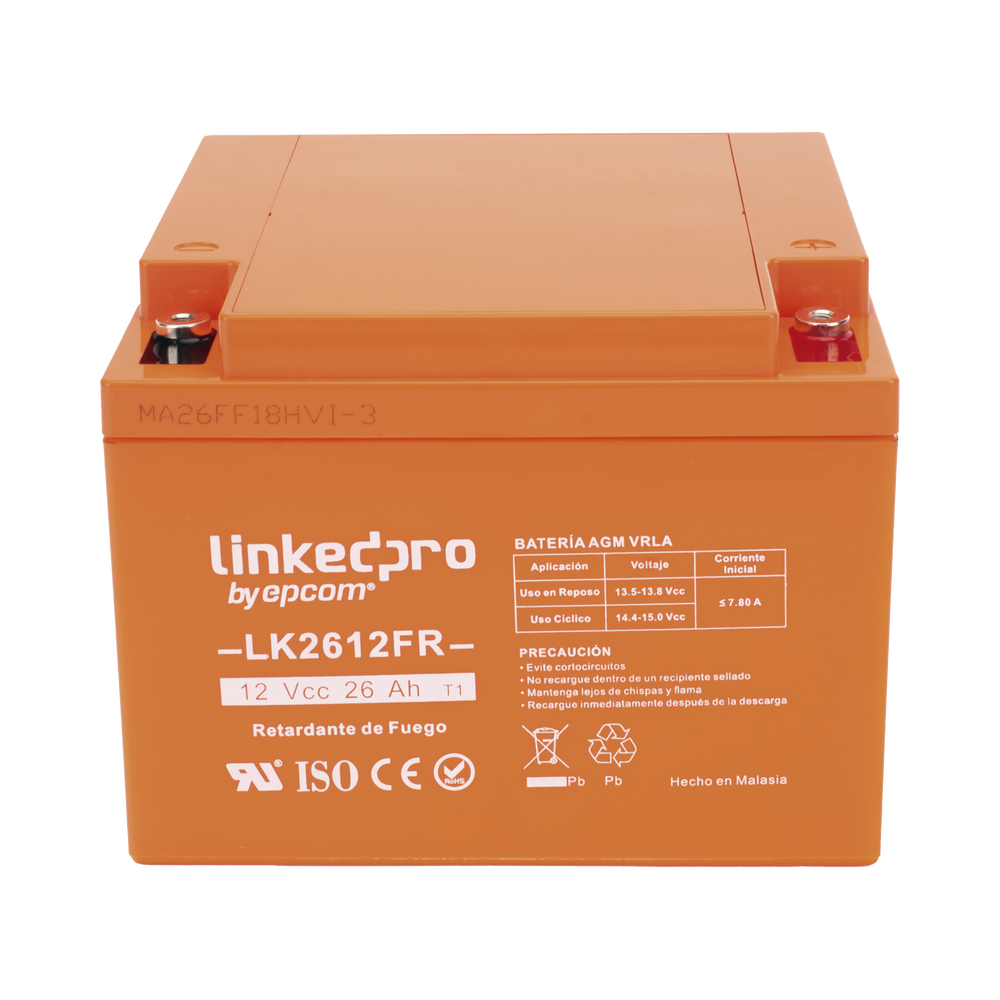 Batería de respaldo 12 V| 26 Ah | AGM | Certificada UL94-V0 Retardante a la Flama | Especial para Seguridad Electrónica | UPS | Sistemas de Emergencia | Vida útil 5 años | Terminales T1