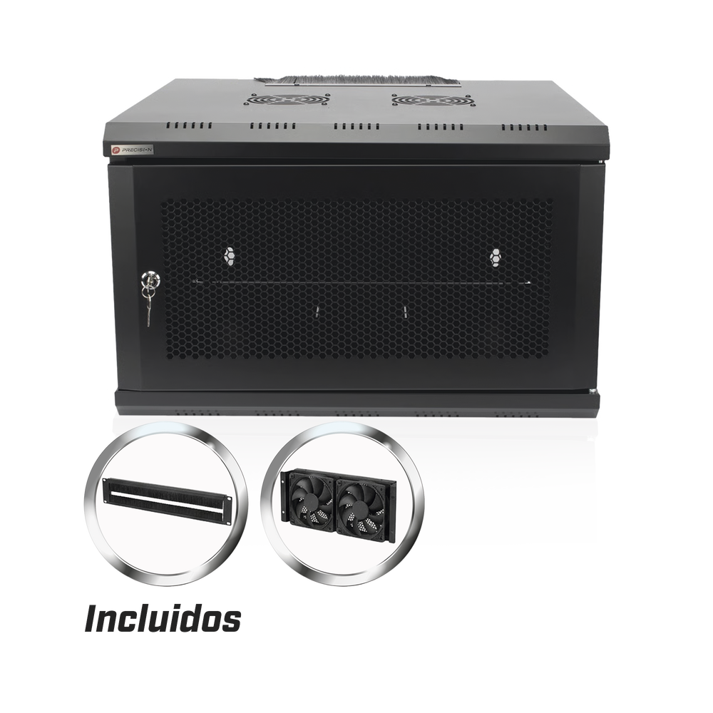 Gabinete de Pared PRECISION 19 in 6UR (455mm) - Puerta Perforada Incluye: 2 Ventiladores y Panel Cepillo