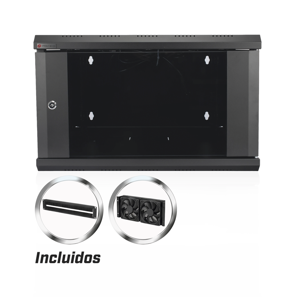 Gabinete de Pared PRECISION 19 in 6UR (455mm) - Cristal Templado. Incluye: 2 Ventiladores y Panel Cepillo