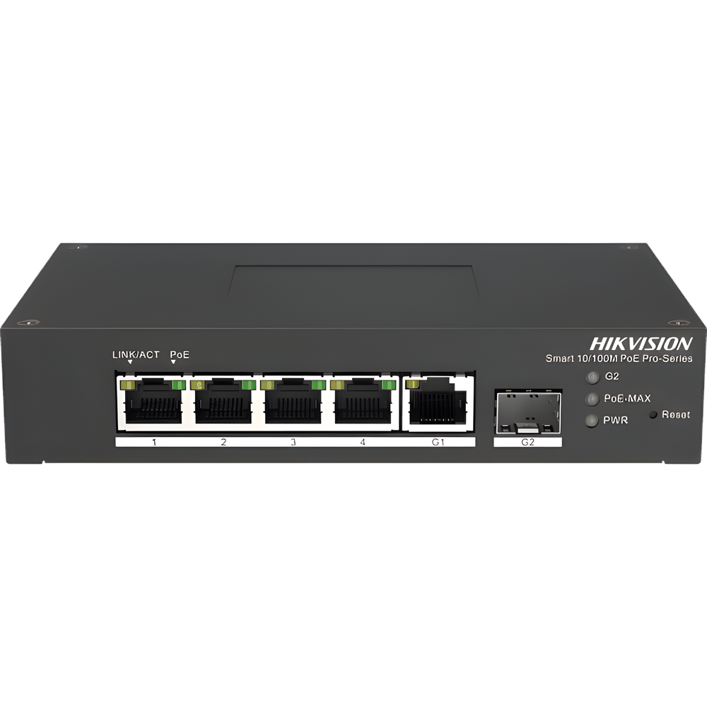 Switch PoE+ Industrial de Escritorio / Administrable / 4 Puertos 10/100 Mbps PoE+ / 1 Puerto 1000 Mbps Uplink / 1 Puertos SFP / Configuración Nube Hik-PartnerPro / Modo Extendido hasta 300 Metros / 60 Watts - Imagen 2