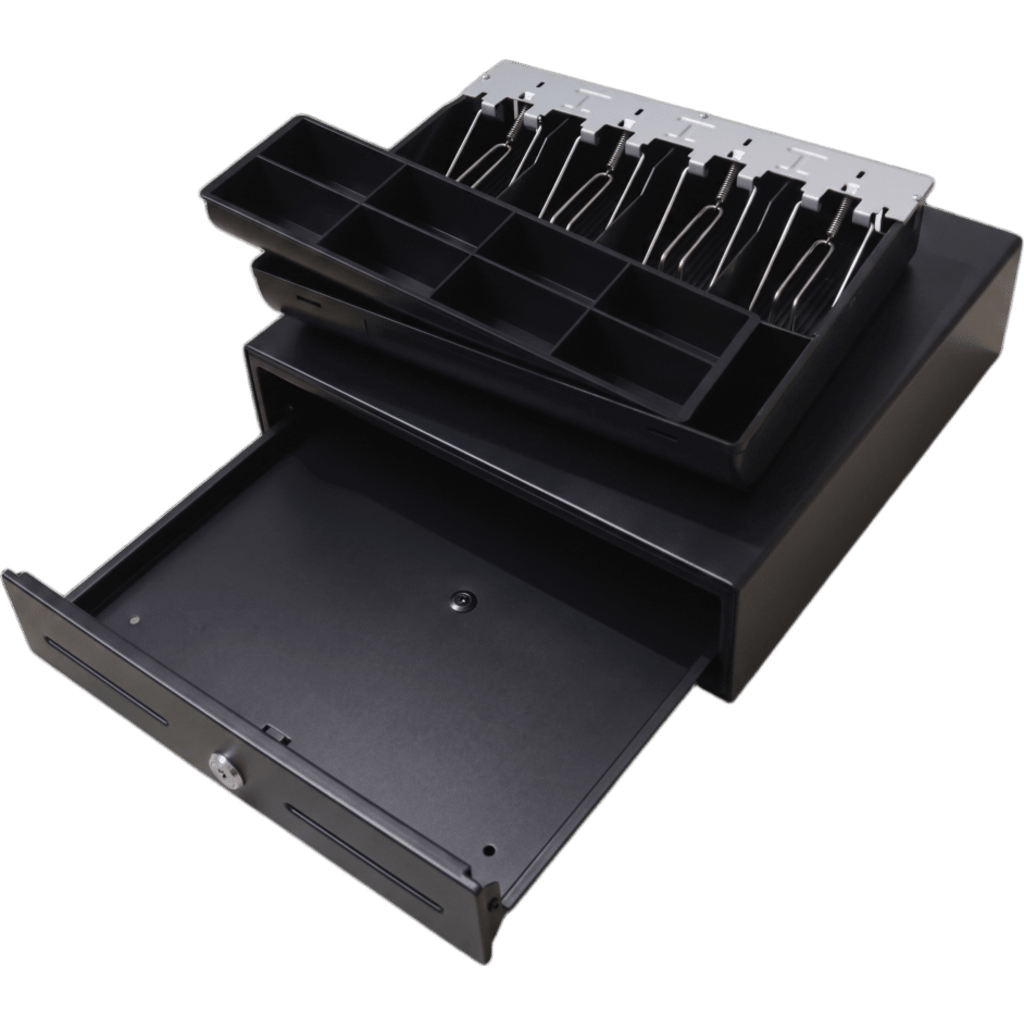 Cajón para Efectivo / Serie MK / Compacto 330 mm / 4 Billetes + 8 Monedas / Apertura RJ12 / Clips Metálicos / Punto de Venta - Imagen 2