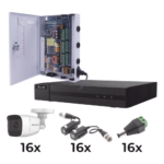 KIT TurboHD 1080p / DVR 16 Canales / 16 Cámaras Bala Policarbonato con Microfono (exterior 2.8 mm) / Transceptores / Conectores / Fuente de Poder Profesional
