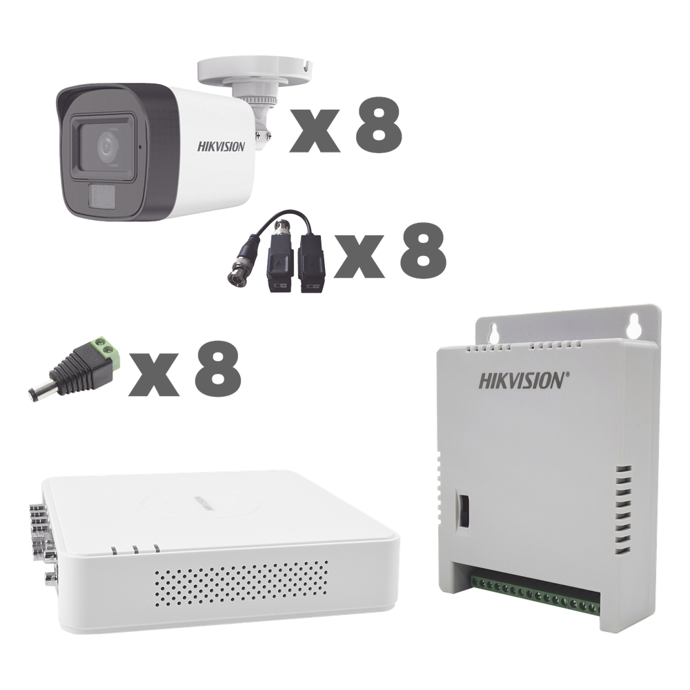KIT TurboHD 1080p / DVR 8 Canales con audio por coaxitron / 8 Cámaras con Micrófono Integrado 101° Visión/ luz blanca + IR visión nocturna / Transceptores / Conectores / Fuente de Poder Profesional
