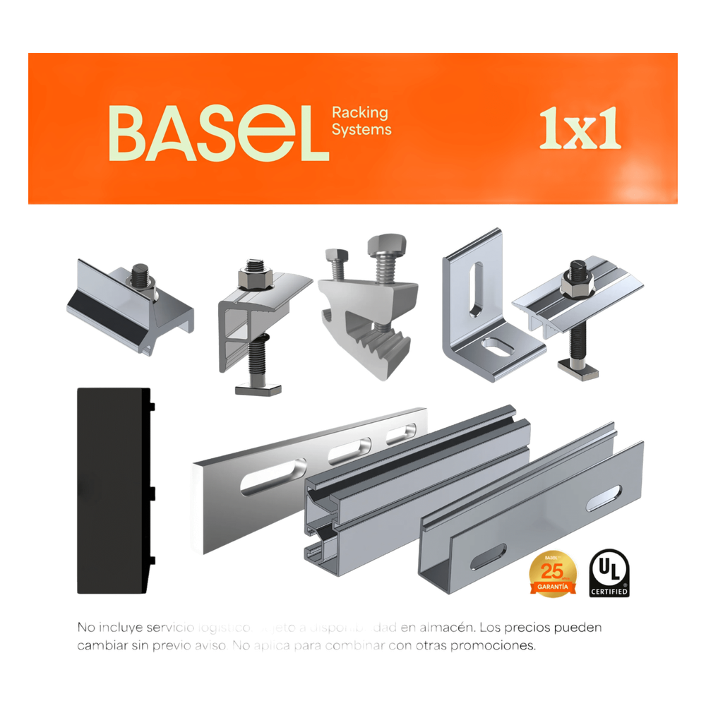 Kit Basel Sistema de Montaje Solar para 1 Módulo / Inclinación 10° / Para Módulo 645 W / Dimensiones del Módulo 2.382 m (7.8 ft) x 1.134 m (3.7 ft) / Velocidad de Viento 170 km/h / Losa Plana Una Fila