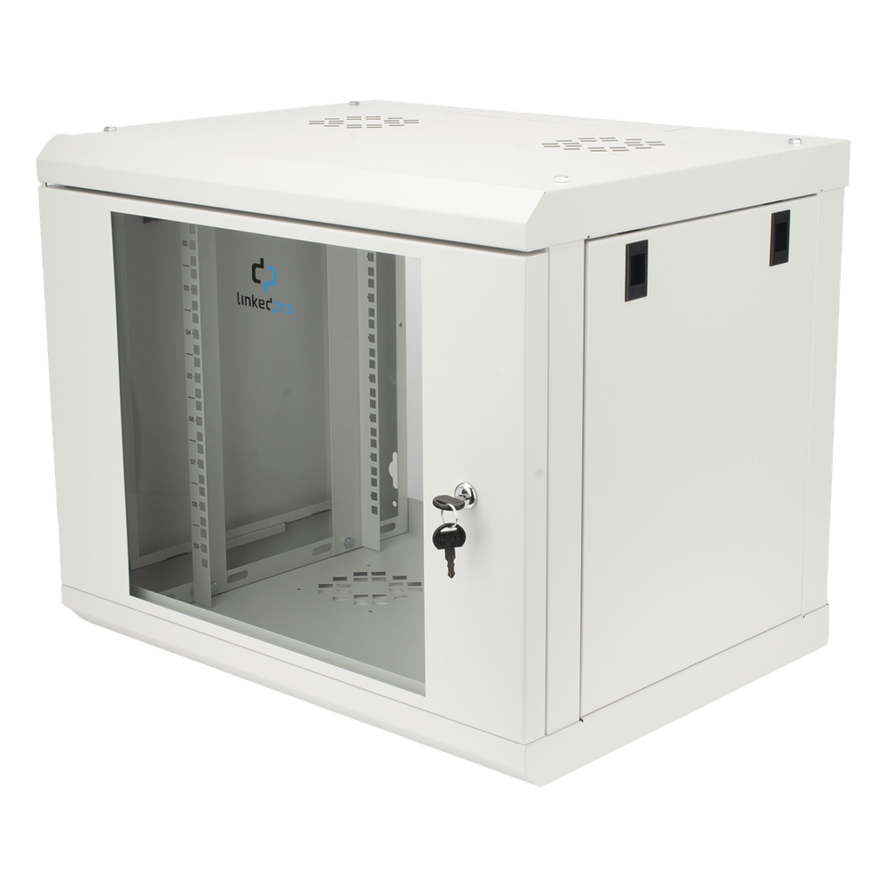 Gabinete de Pared de 9U con Puerta de Cristal Templado, 479.5 mm de Profundidad, Rack de 19'', Acero Reforzado, Color Blanco