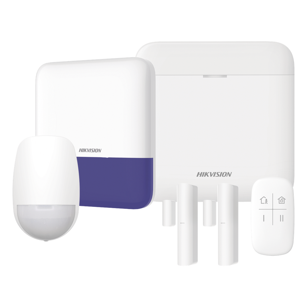 (AX PRO) KIT de Alarma AX PRO / Incluye: 1 Hub con bateria de respaldo / 1 Sensores PIR / 2 Contactos Magnéticos / 1 Control Remoto / 1 Sirena Inalambrica Exterior / WiFi / Compatible con Hik-Connect P2P