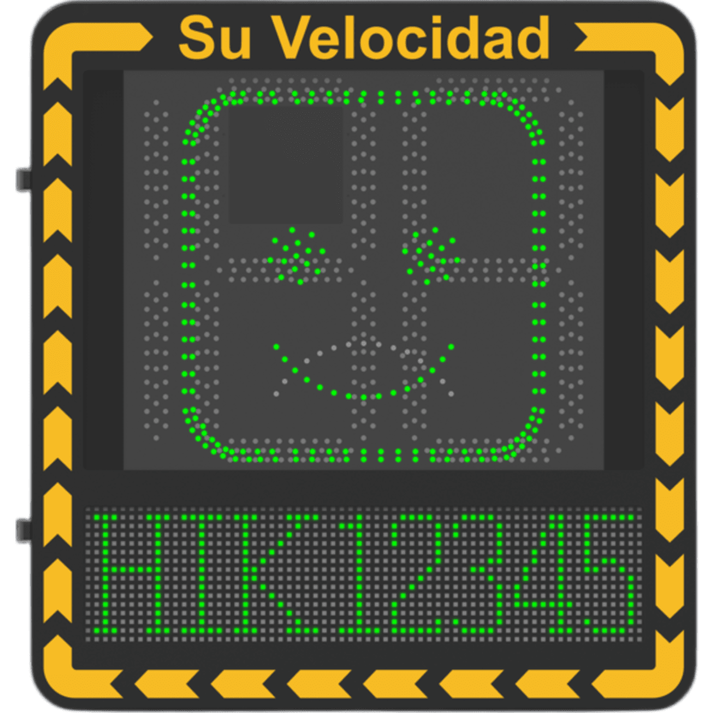 Display LED para Control de Velocidad Exterior / Distancia Visible de 100 m / LED de Alta Luminosidad y Bajo Consumo / Visualización de Velocidad con Código de Colores / IP66 / Conectividad Wi-Fi y Ethernet / Compatible con TCP/IP, HTTP, DHC