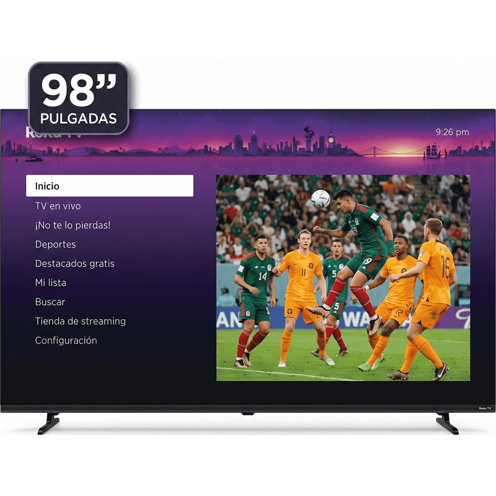 ROKU SmartTV QLED 98 pulgadas / Resolucion 4K UHD / Pantalla Gigante 2.19m × 1.25m / Audio Dolby 12W+12W / 3 HDMI con ARC-CEC / WiFi / VESA 700x400