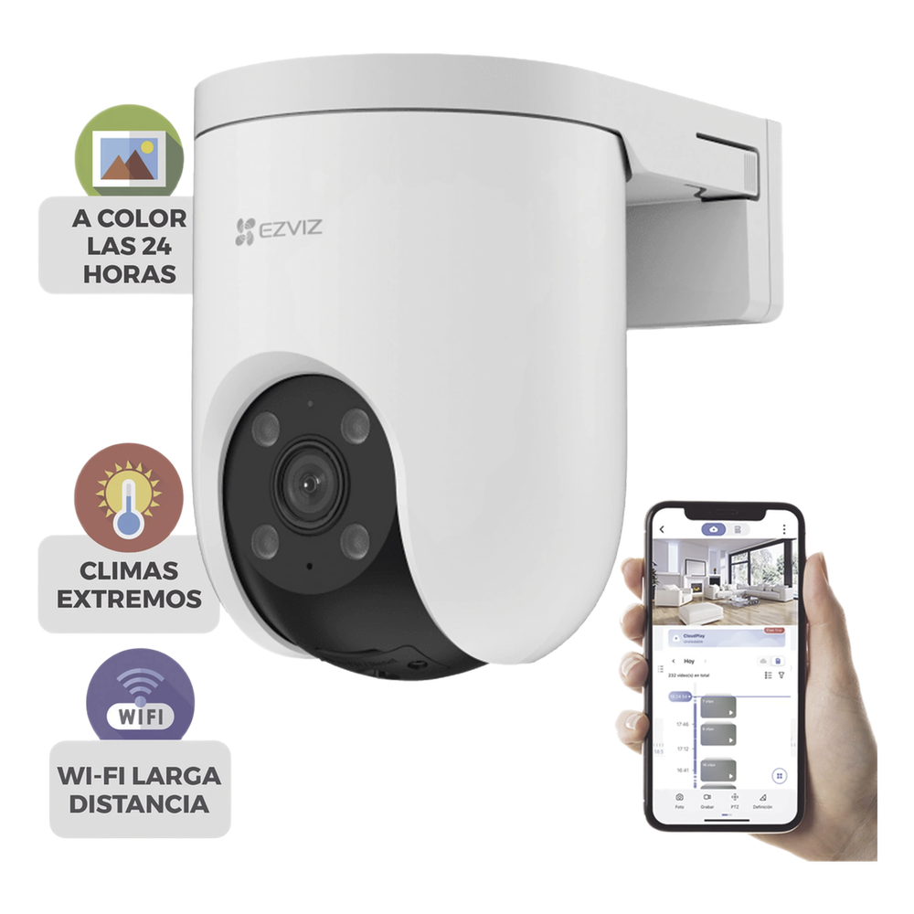 Cámara PT / Wi-Fi / Resolución 3 Megapixel (2K) / Audio de Dos Vías / Visión Nocturna en Color / AI Detección de Humanos / Defensa Activa con Sirena y Luz Estroboscópica / IP65