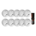 Kit de 10 Detectores de Humo Autónomos FIRST ALERT por Ionización / Alarma 85 dB / Botón Prueba y Silencio / Probador SABRE SDI