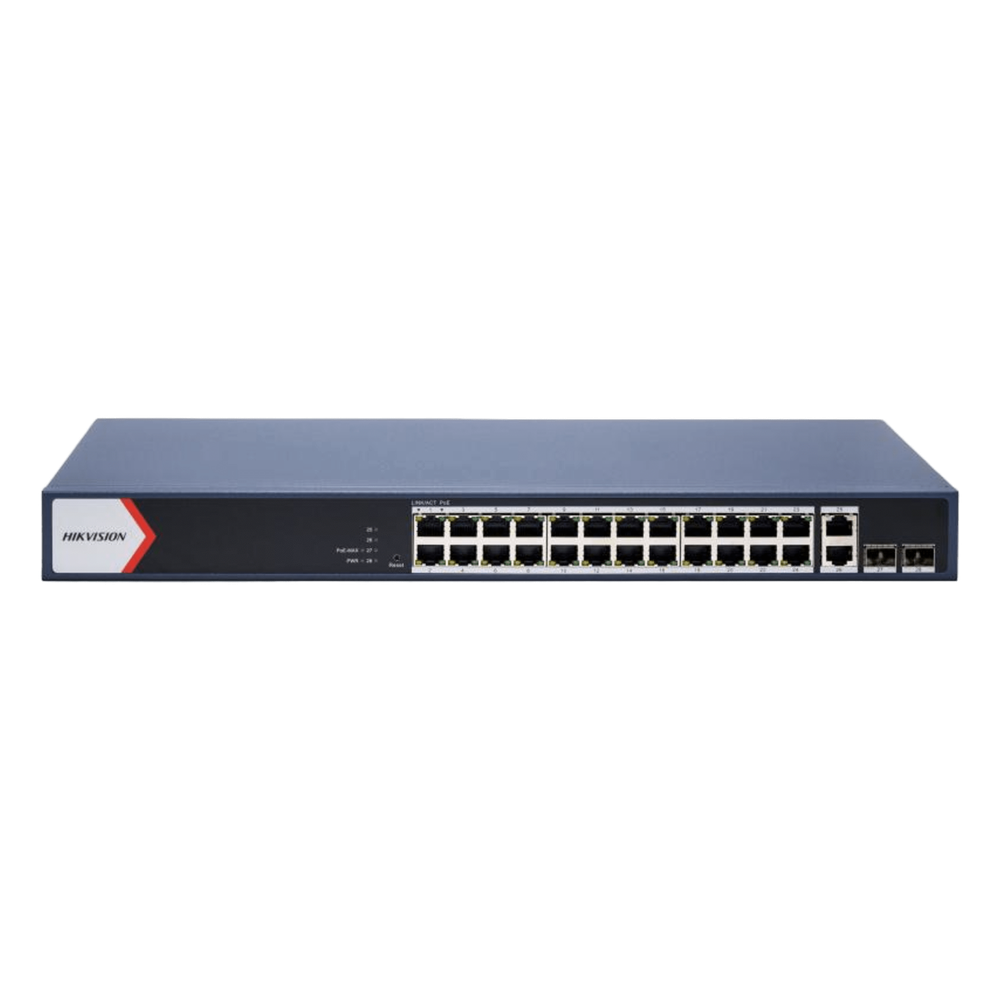 Switch Gigabit PoE+ / Administrable / 24 Puertos 1000 Mbps PoE+ / 2 Puertos 1000 Mbps Uplink / 2 Puertos SFP Uplink / Configuración Nube Hik-Partner Pro / Modo Extendido hasta 300 Metros / 230 W