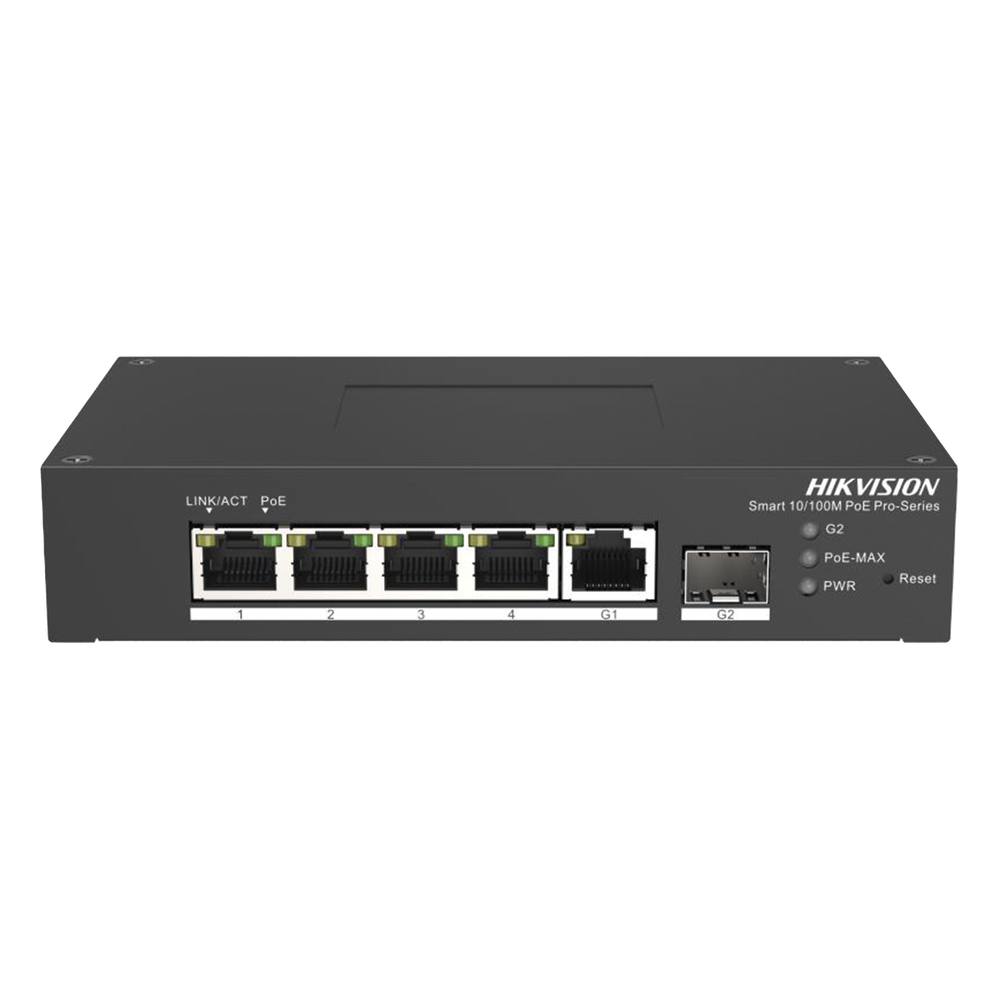 Switch PoE+ Industrial de Escritorio / Administrable / 4 Puertos 10/100 Mbps PoE+ / 1 Puerto 1000 Mbps Uplink / 1 Puertos SFP / Configuración Nube Hik-PartnerPro / Modo Extendido hasta 300 Metros / 60 Watts