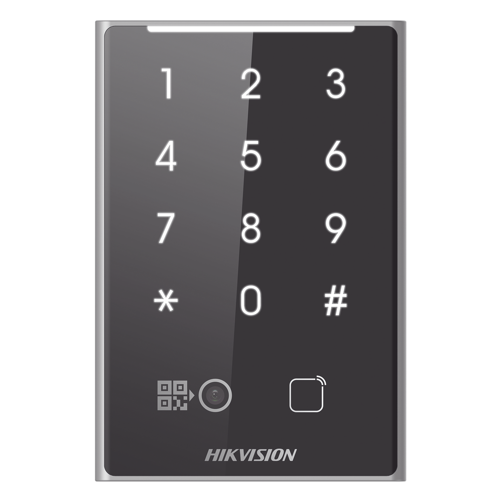 Lector de Tarjetas PROX EM y de Códigos QR / Teclado para Contraseña / Compatible con Controladores DSK2600 Series Hikvision / Comunicación RS485 y WIEGAND / IP65