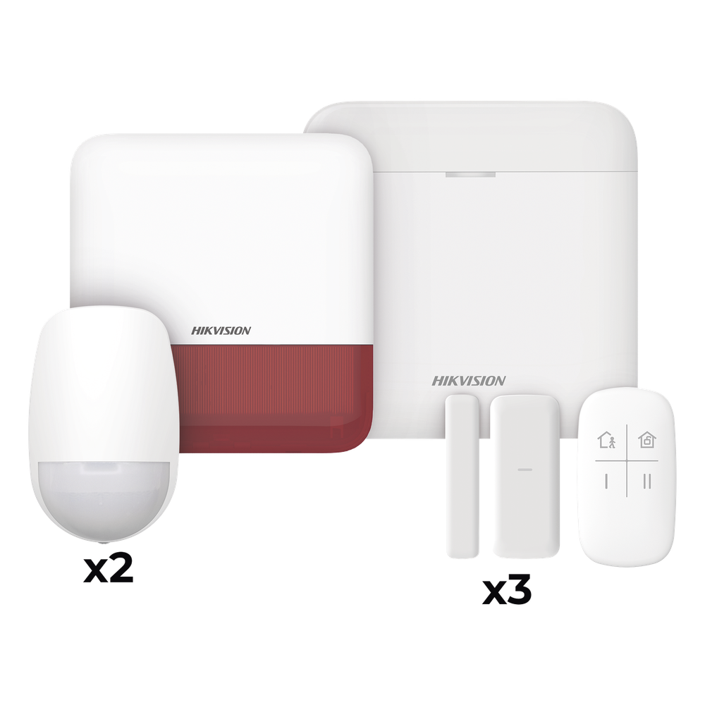 (AX PRO) KIT de Alarma AX PRO / Incluye: 1 Hub con batería de respaldo / 2 Sensores PIR / 3 Contactos Magnéticos mini / 1 Control Remoto / 1 Sirena Inalambrica Exterior color rojo / WiFi / Compatible con Hik-Connect P2P
