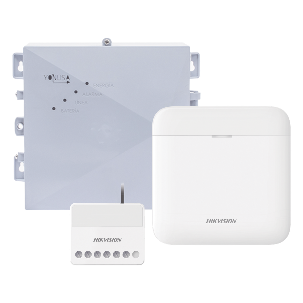 (AX PRO + YONUSA) KIT de Alarma AX PRO / Incluye: 1 Hub con bateria de respaldo / 1 Energizador 2500Mts Lineales / 1 Relevador  0 a 36 Vcc (Max. 5 A) con Entrada de Alarma 27/7