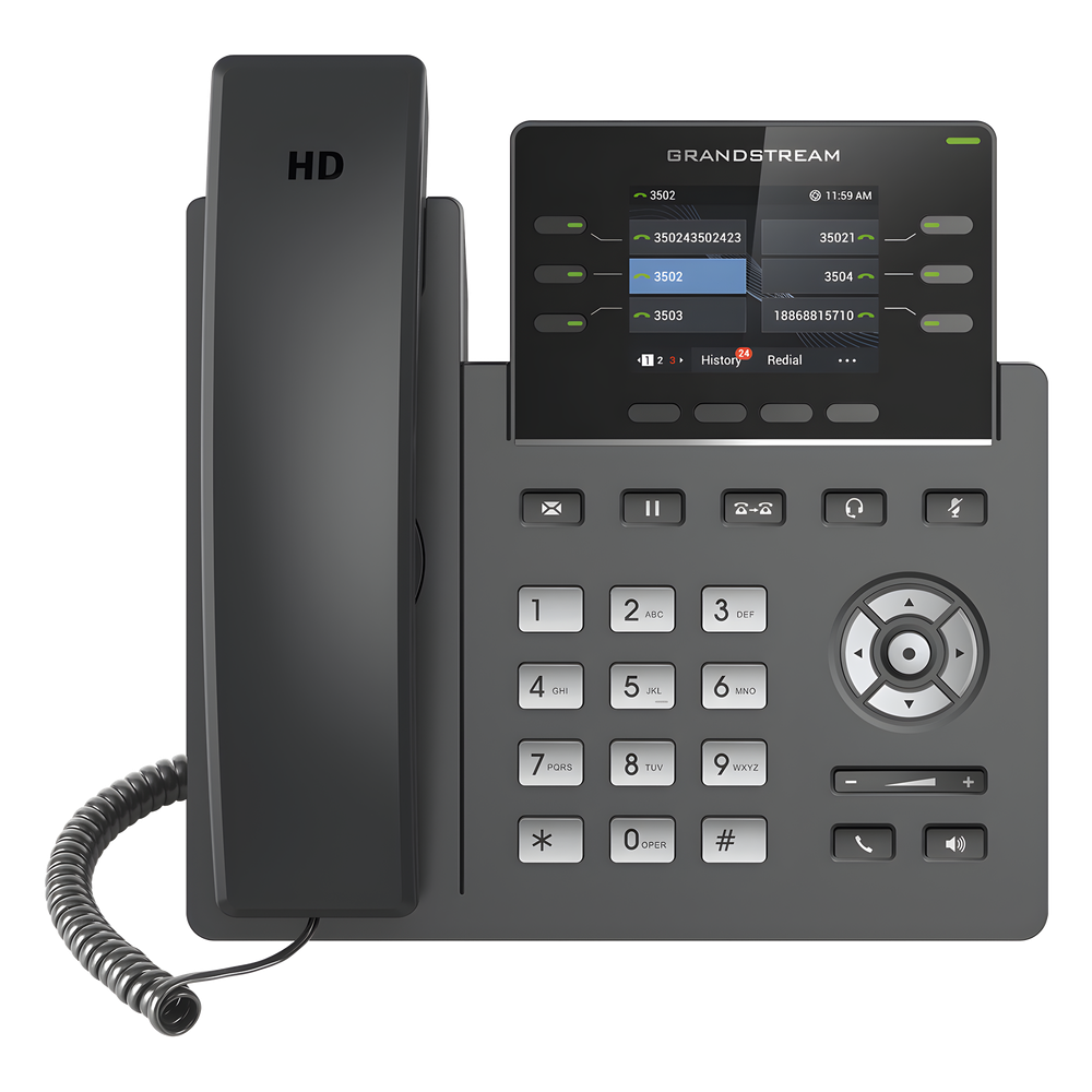 Teléfono IP Grado Operador, 3 líneas SIP con 6 cuentas, puertos Gigabit,PoE, pantalla a color 2.4", codec Opus, IPV4/IPV6 con gestión en la nube GDMS