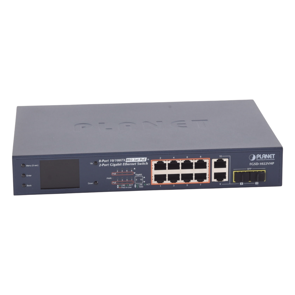 Switch PoE+ / Distancia 250 Metros / 8 Puertos + 2 Combo TP/SFP Gigabit y Pantalla LCD Para Monitoreo - Imagen 2